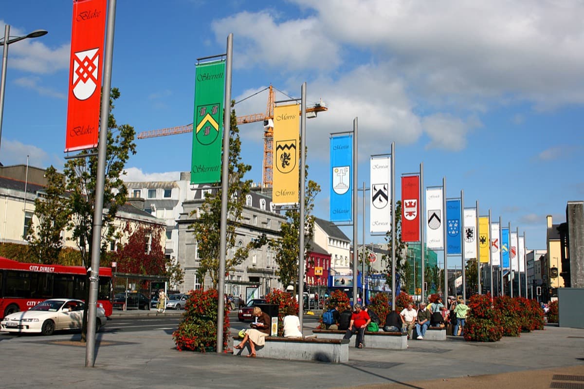 Eyre Square, Galway City — the Tribes of Galway banners
